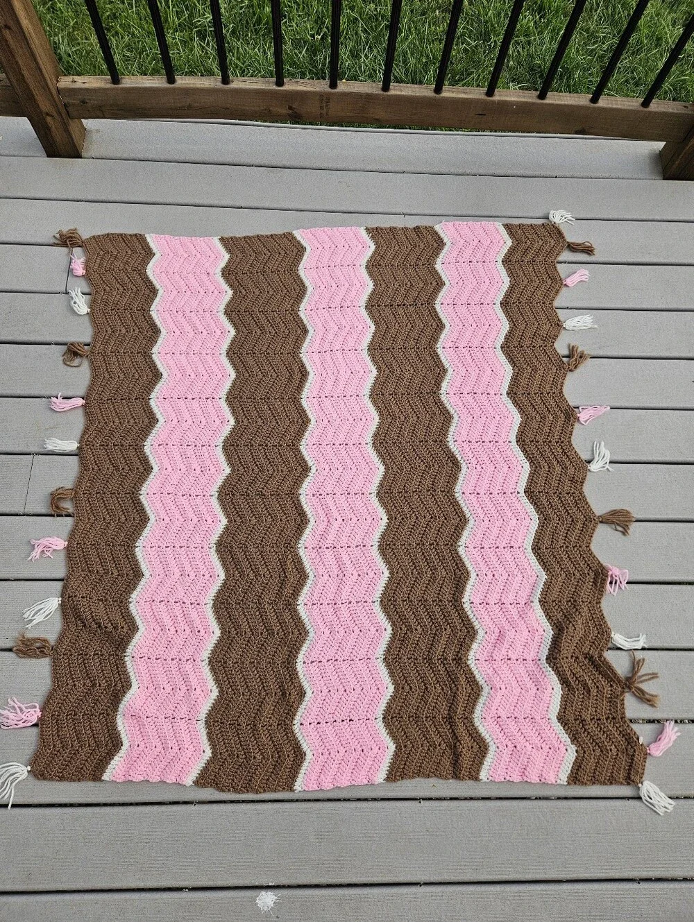 48x43 Brown and pink chevron crochet blanket with white stripes and tassels #che
